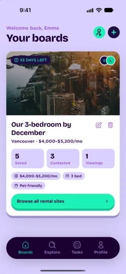 Nestlist boards: Our 3-bedroom by December in Vancouver, 53 days left, 5 saved, 3 contacted, 1 viewing