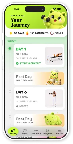 Your Journey screen showing day 1 of 60 with workouts and rest days