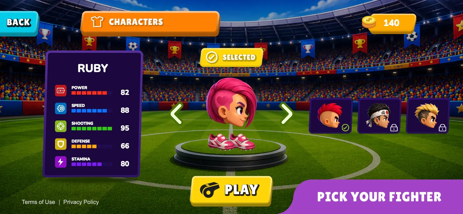 Character select showing Ruby and her stats