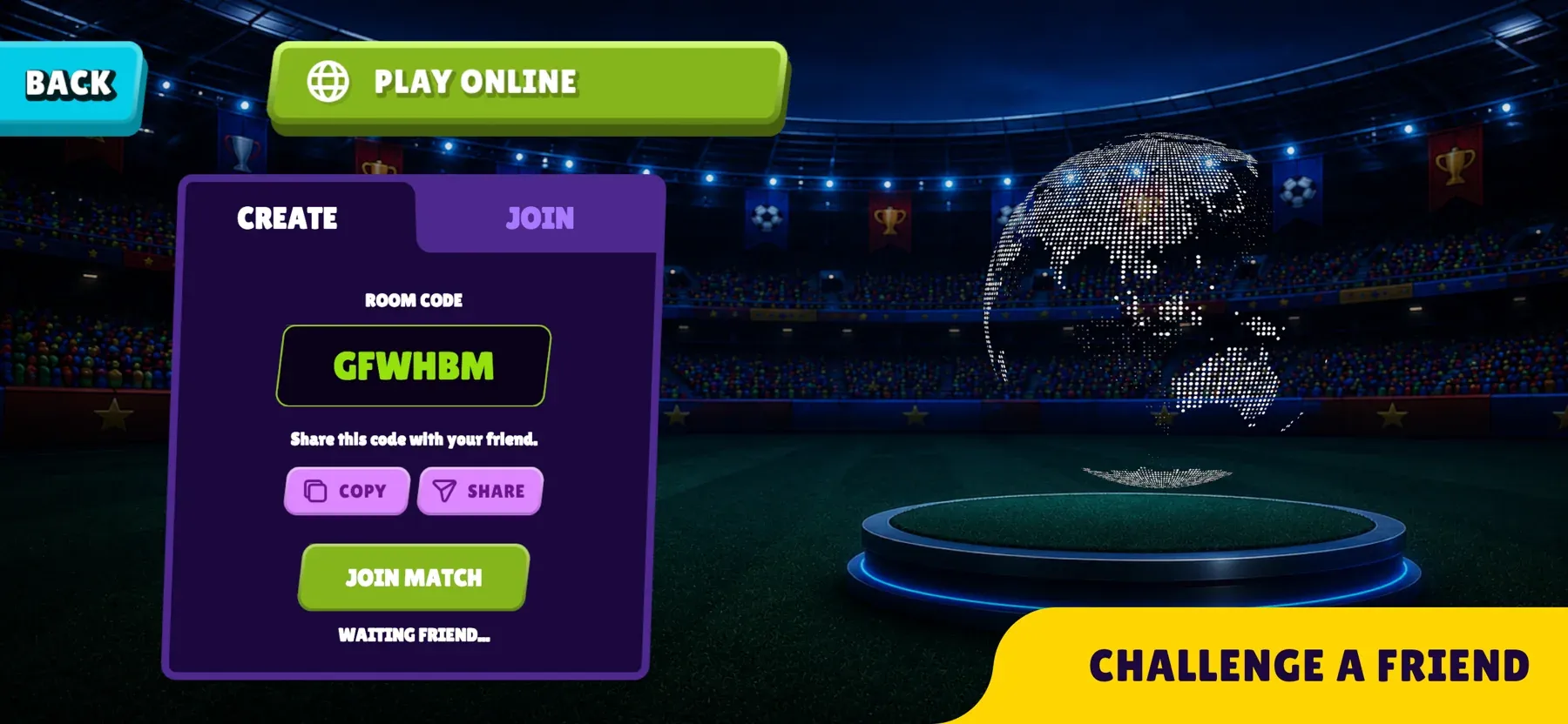 Play Online screen with a shareable room code