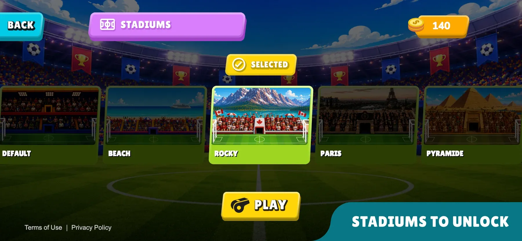 Stadium select with Default, Beach, Rocky, Paris and Pyramide