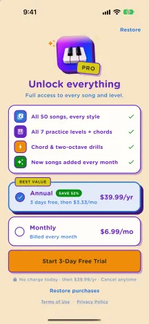 Piamo Pro subscription screen