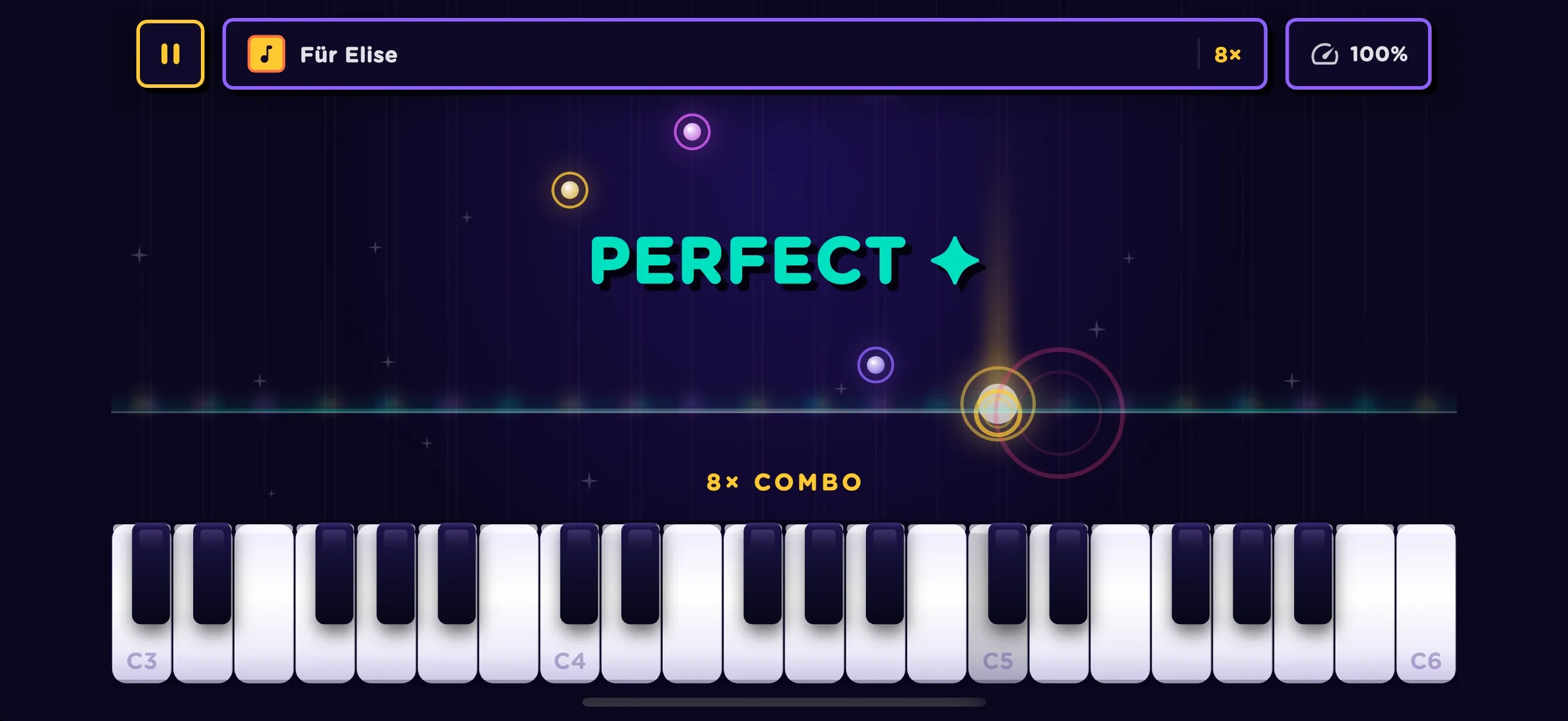 Piamo play mode: notes fall toward the on-screen keyboard during Für Elise with a PERFECT rating and 8× combo