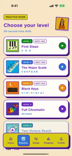 Piamo practice mode with First Steps, The Major Scale, Black Keys and Full Chromatic levels