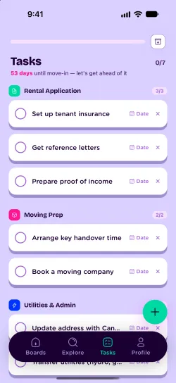 Nestlist move-in tasks: 53 days until move-in, with tenant insurance, reference letters and proof of income