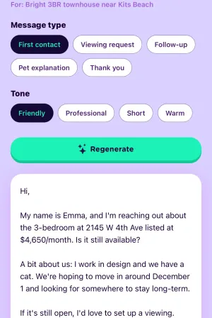 Nestlist message writer drafting a friendly first-contact message to a landlord about a 3-bedroom at $4,650 a month